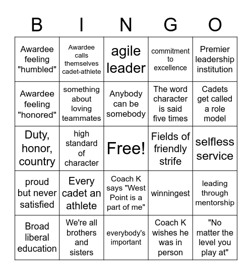 Coach K Bingo Card