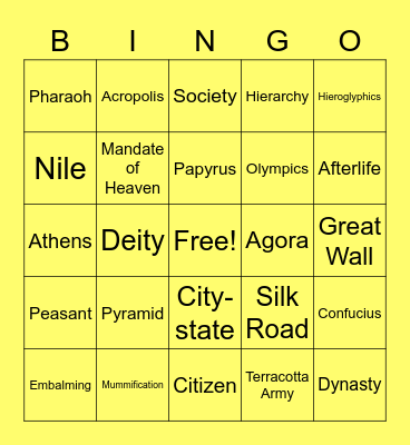 Ancient Civiisations Bingo Card