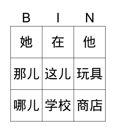 学校在哪儿？ Bingo Card