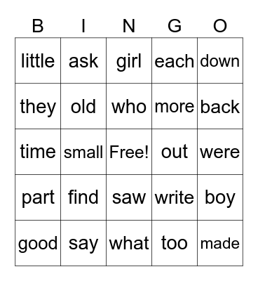 Clifford's Sight Words Bingo Card
