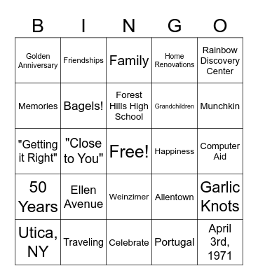 Lynn and Phil 50th Wedding Anniversary Bingo Card
