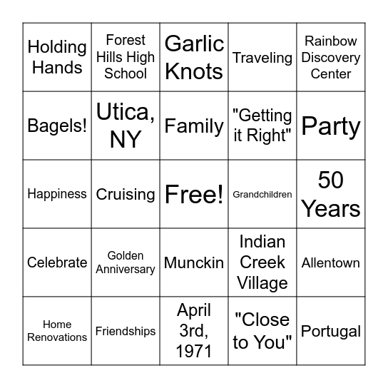 Lynn and Phil's 50th Wedding Anniversary Bingo Card