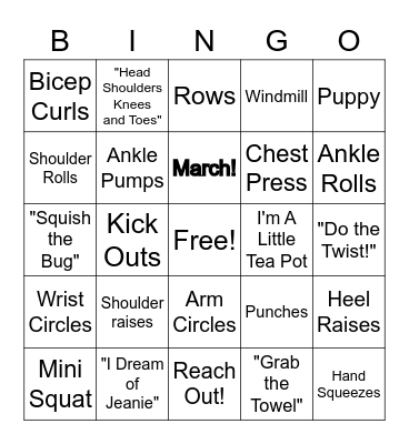 Exercise Bingo with Legacy! Bingo Card