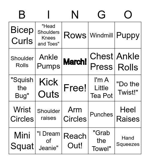 Exercise Bingo with Legacy! Bingo Card