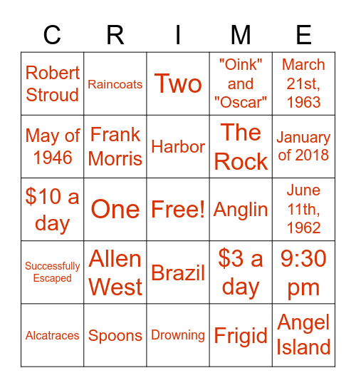 Alcatraz Bingo Card