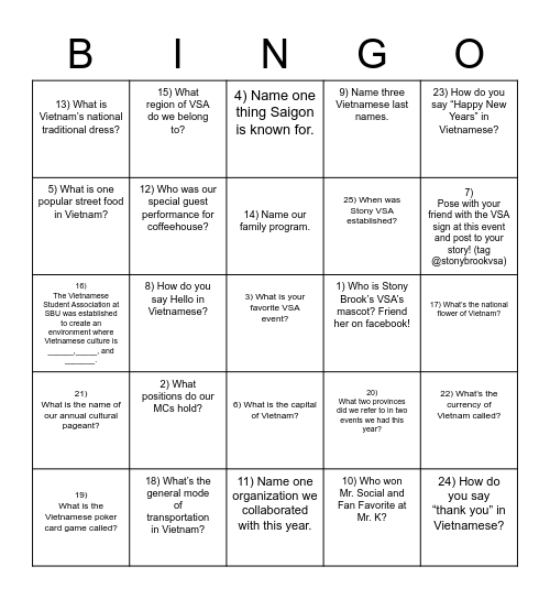 Lucky Saigon Bingo Card