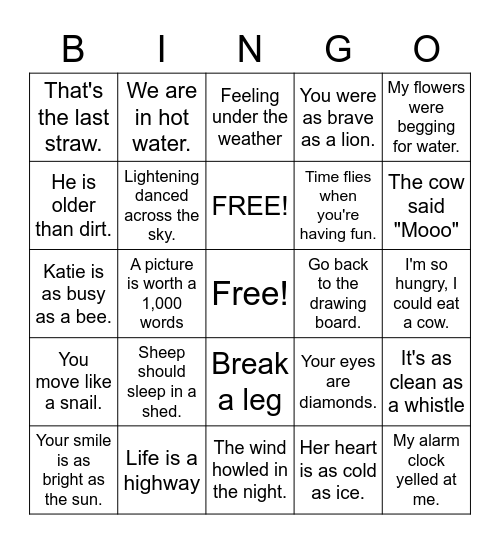 Figurative Language Bingo Card