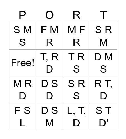 6 Solfege PORT Bingo Card