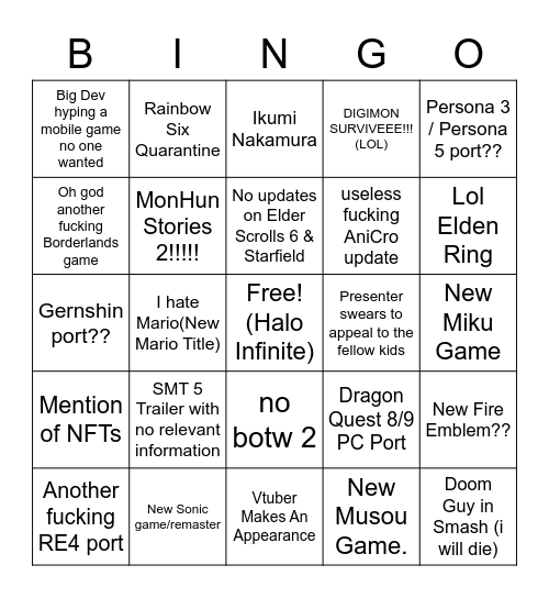 E3 Bango Bingo Card