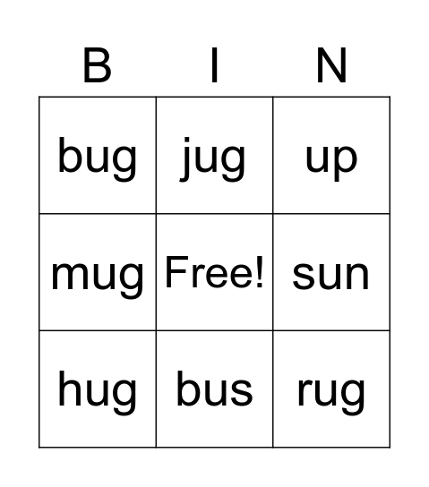 short vowel u Bingo Card