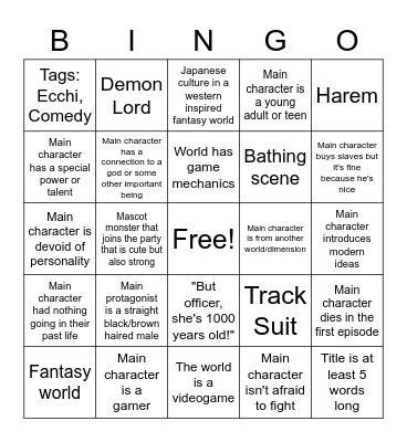 Isekai Bingo Card
