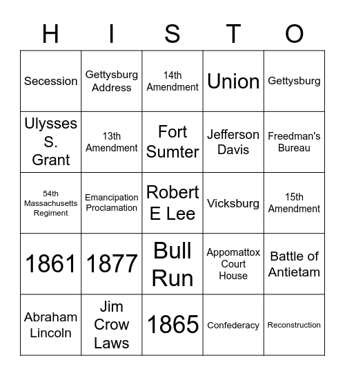 Civil War and Reconstruction Bingo Card