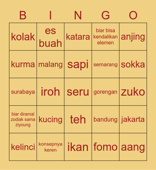 Sanya’s Bingo Card