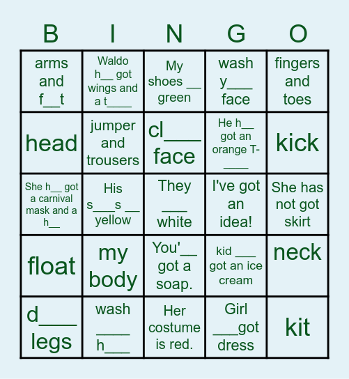 Islands 1 Unit 5 MY BODY Bingo Card