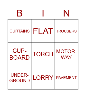 American and British English Words Bingo Card