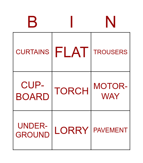 American and British English Words Bingo Card