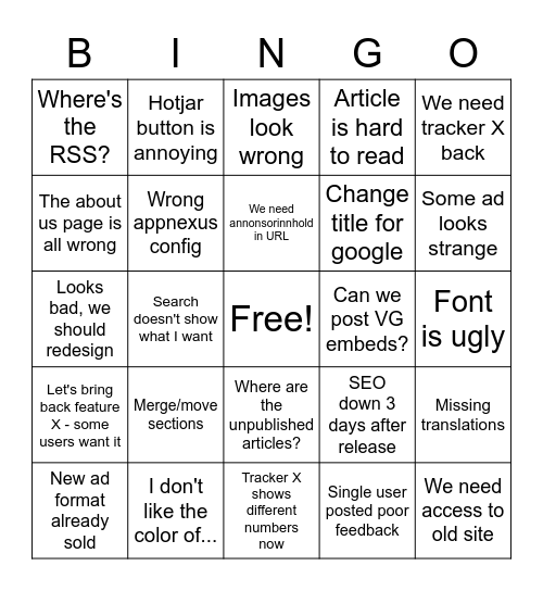 Release bingo Card