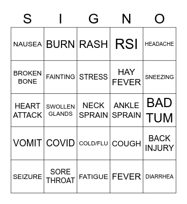 ILLNESS AND INJURY Bingo Card