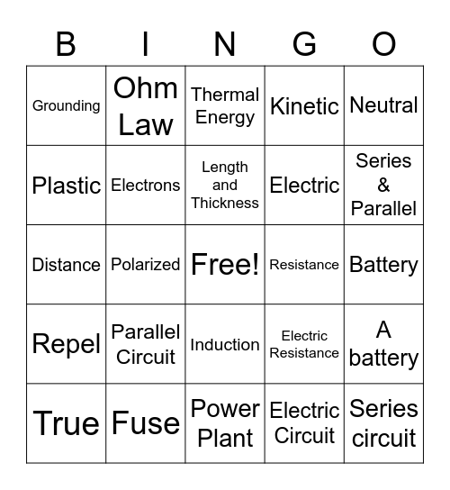Chapter 9: Electricity Bingo Card