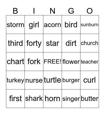 R-Controlled Vowel Bingo Card