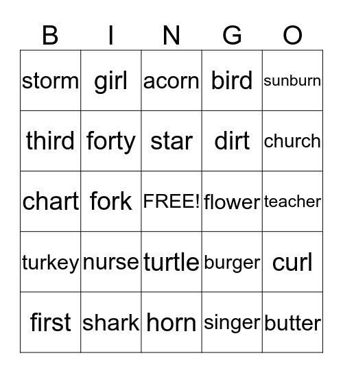 R-Controlled Vowel Bingo Card