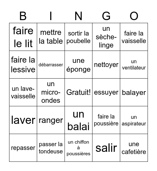 Faire le ménage Bingo Card