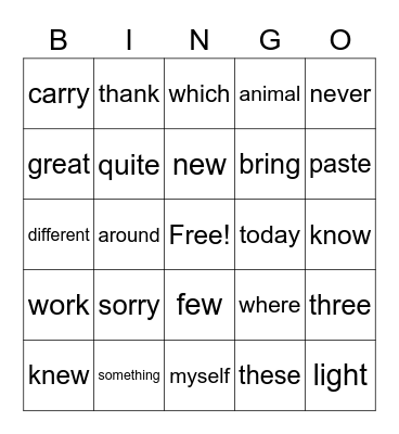 Sight Word Bingo Card