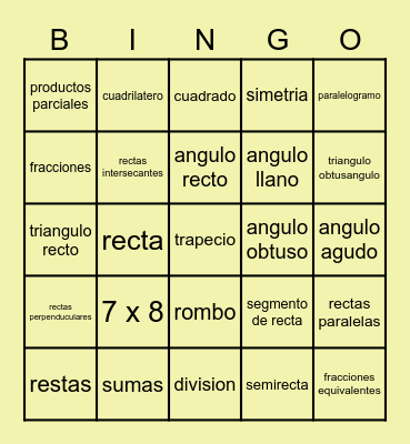 matematicas Bingo Card