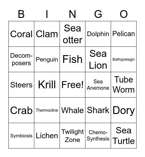 Marine Biology Bingo Card