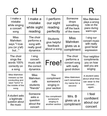 Choir Bingo Card