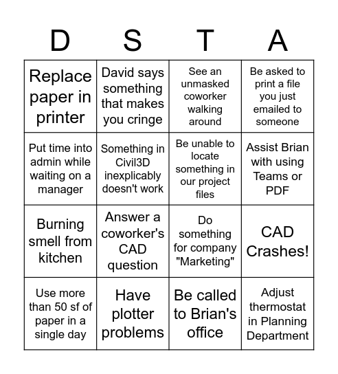 DST&A Bingo! Bingo Card