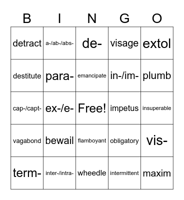 Vocabulary Bingo Card