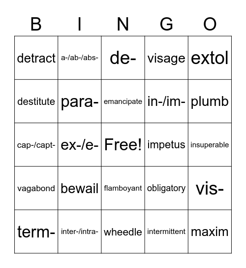 Vocabulary Bingo Card