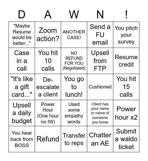 Team Dawn Call Bingo Card
