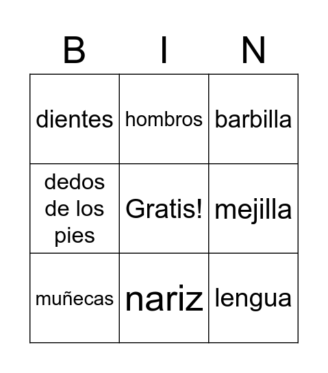 Partes del Cuerpo Bingo Card