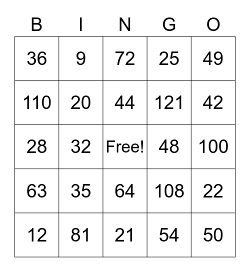 Multiplication BINGO Card