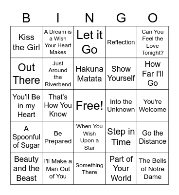 Disney Song Bingo Card