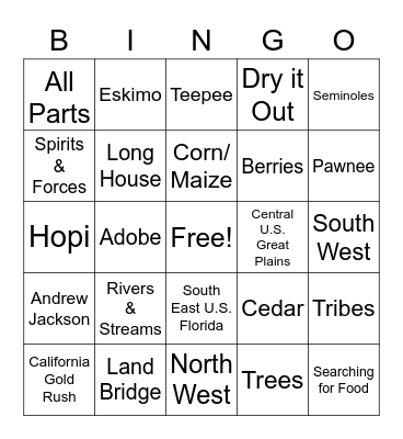Native American Bingo Card