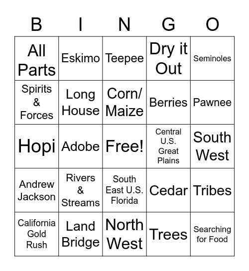Native American Bingo Card
