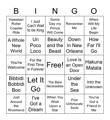 Disney Music Bingo Card