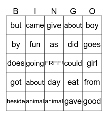 Power Words Bingo Card