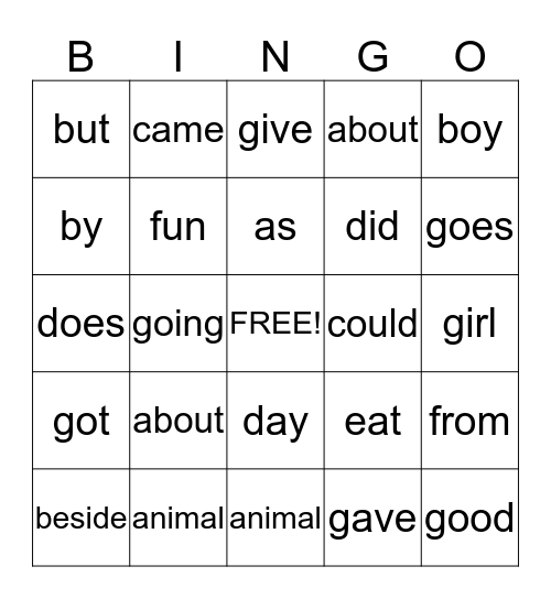 Power Words Bingo Card