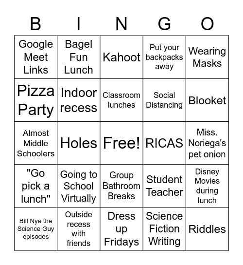 5th grade Bingo Card