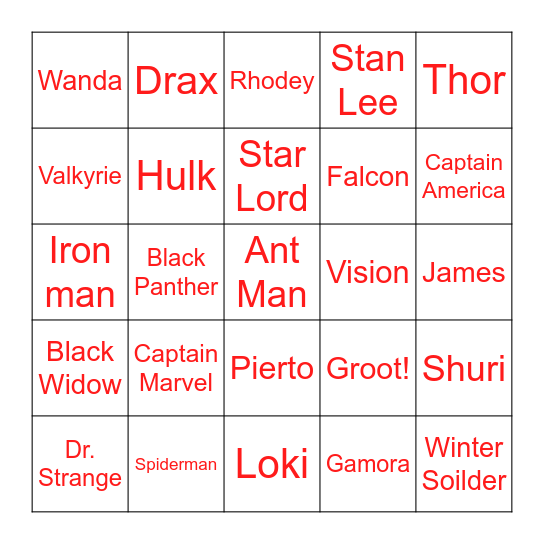 Marvel Bingo Card