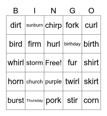 IR OR UR Bingo Card