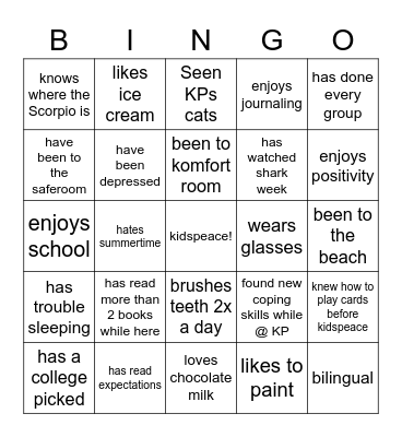 kidspeace Bingo Card