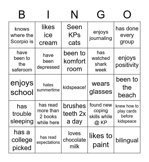 kidspeace Bingo Card