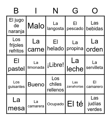 Capítulo 11 --- Vocabulario 2 Bingo Card