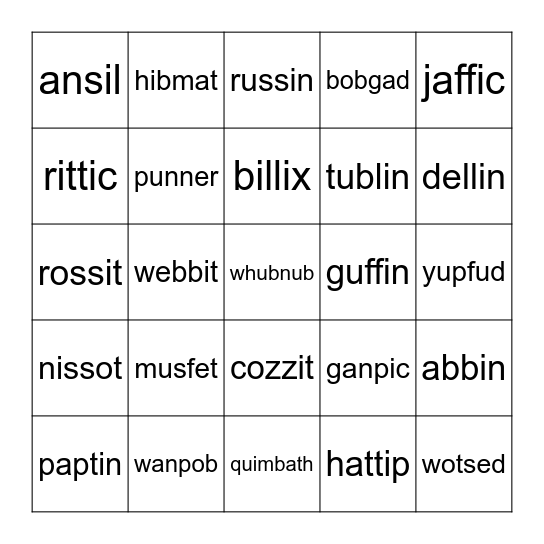 Rabbit and Bandit Nonsense Bingo Card