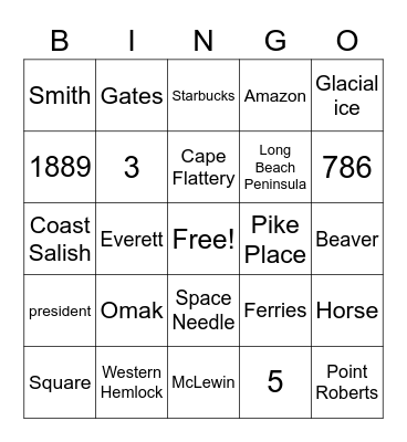 National Washington Day Bingo Card